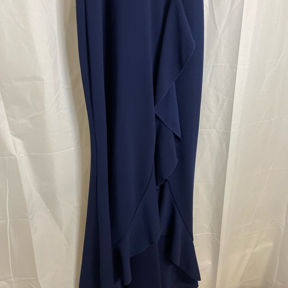 WOOSEA Women’s Navy Blue Halter Neck Sleeveless Full Length Ruffle Dress Large - Picture 2 of 11